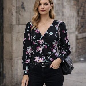 A.L.C. Millie Stretch Silk Floral Blouse Top Black Size 4